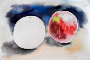 акварельный ютюд с яблоками прорисовываем правое яблоко