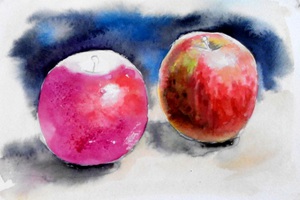 акварельный этюд с яблоками прорисовываем левое яблоко